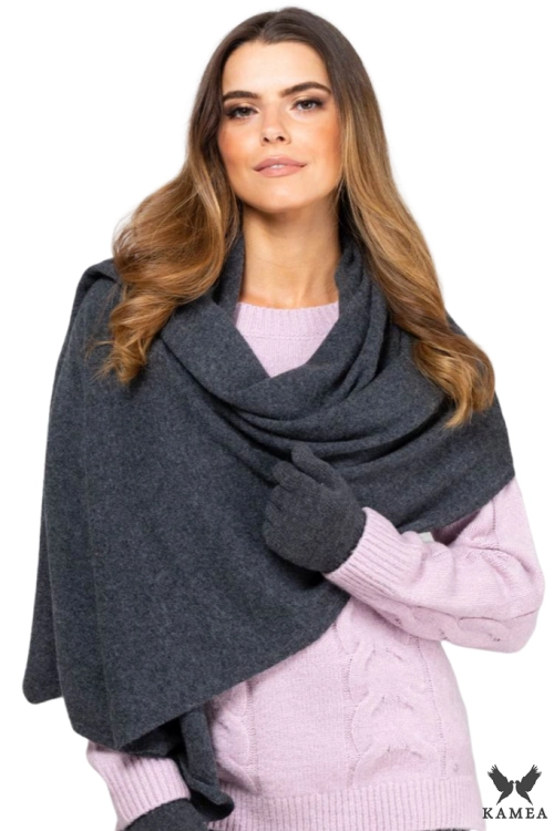Szalik-01 damski Kamea zimowy, narzutka, 80% wełny, 180 × 65 cm, kolor grafitowy