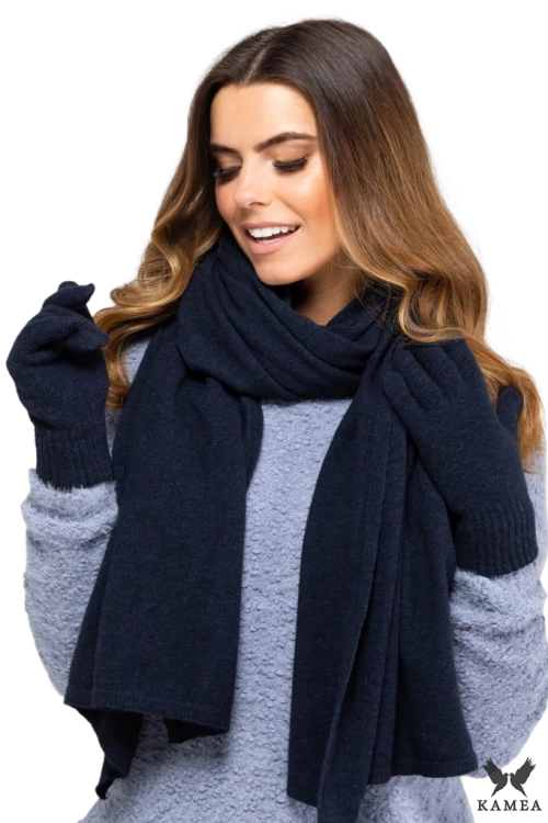 Szalik-01 damski Kamea zimowy, 80% wełny, narzutka, 180 × 65 cm, kolor granatowy