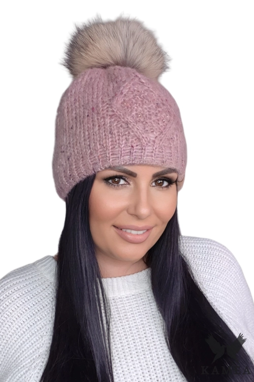Cyrena Pompon Natural czapka damska Kamea zimowa, z polarową podszewką, z alpaką i bawełną, rozmiar uniwersalny 54–60 cm, kolor różowy