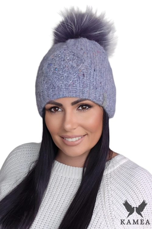 Cyrena Pompon Natural czapka damska Kamea zimowa, z polarową podszewką, z alpaką i bawełną, rozmiar uniwersalny 54–60 cm, kolor niebieski