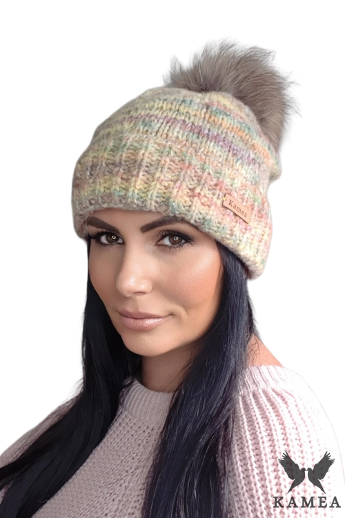 Gaja-Pn czapka damska Kamea zimowa, z naturalnym pomponem, z polarową podszewką, z wełną, rozmiar uniwersalny 54–60 cm, kolor żółty