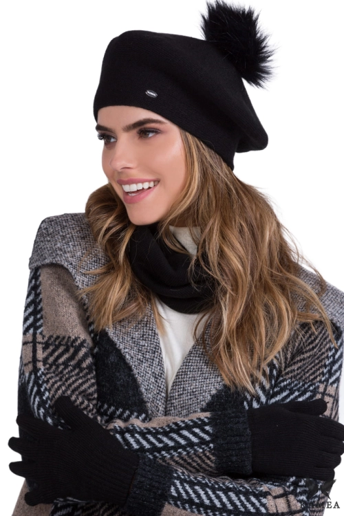 Dora beret damski Kamea zimowy, z wełną, rozmiar uniwersalny 54–60 cm, kolor czarny
