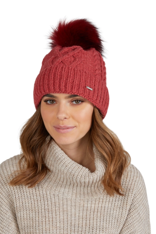 Torino czapka damska Kamea zimowa, z pomponem, z polarową podszewką, 50% wełny, rozmiar uniwersalny 54–60 cm, kolor malinowy