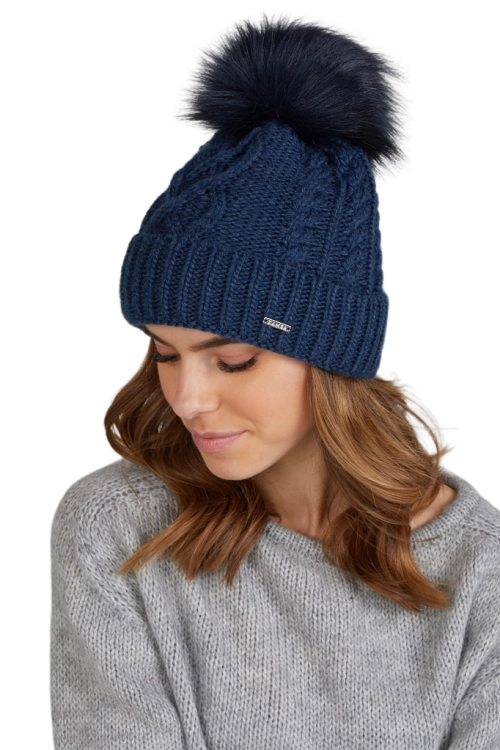 Torino czapka damska Kamea zimowa, z pomponem, z polarową podszewką, 50% wełny, rozmiar uniwersalny 54–60 cm, kolor granatowy
