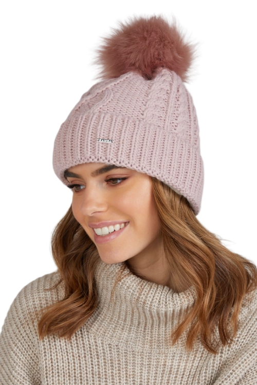 Torino czapka damska Kamea zimowa, z pomponem, z polarową podszewką, 50% wełny, rozmiar uniwersalny 54–60 cm, kolor różowy