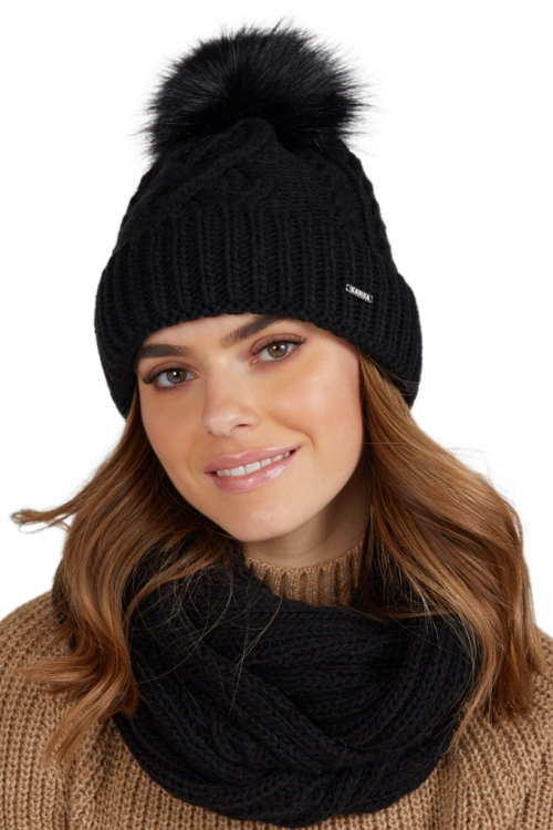 Torino czapka damska Kamea zimowa, z pomponem, z polarową podszewką, 50% wełny, rozmiar uniwersalny 54–60 cm, kolor czarny