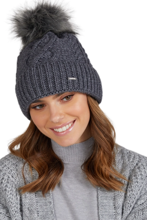 Torino czapka damska Kamea zimowa, z pomponem, z polarową podszewką, 50% wełny, rozmiar uniwersalny 54–60 cm, kolor grafitowy