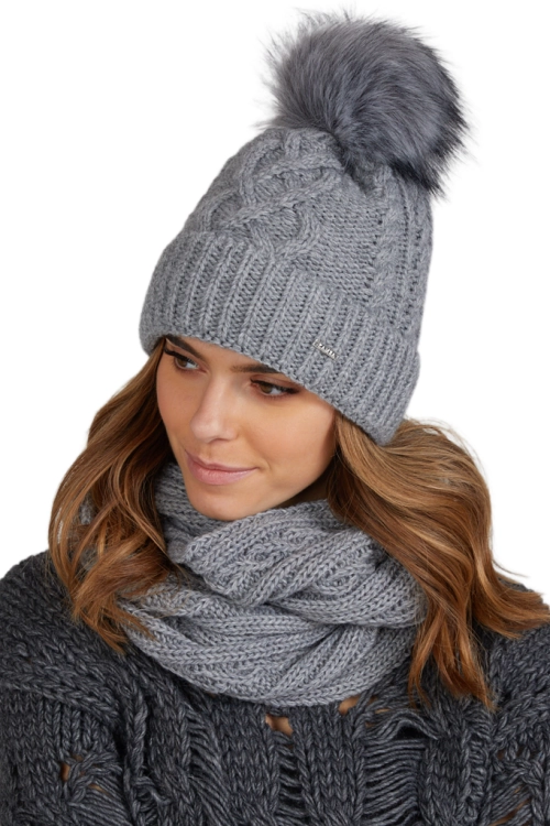 Torino czapka damska Kamea zimowa, z pomponem, z polarową podszewką, 50% wełny, rozmiar uniwersalny 54–60 cm, kolor szary