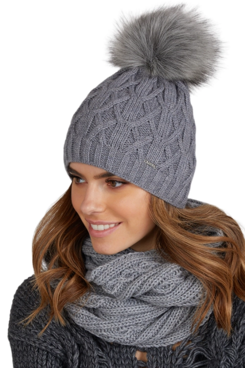 Florencja czapka damska Kamea zimowa, z pomponem, z polarową podszewką, 50% wełny, rozmiar uniwersalny 54–60 cm, kolor szary