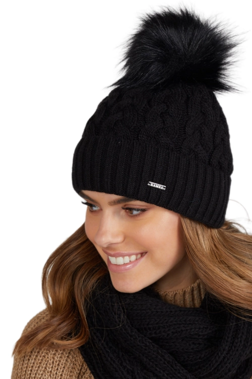 Capri czapka damska Kamea zimowa, z pomponem, 50% wełny, rozmiar uniwersalny 54–60 cm, kolor czarny