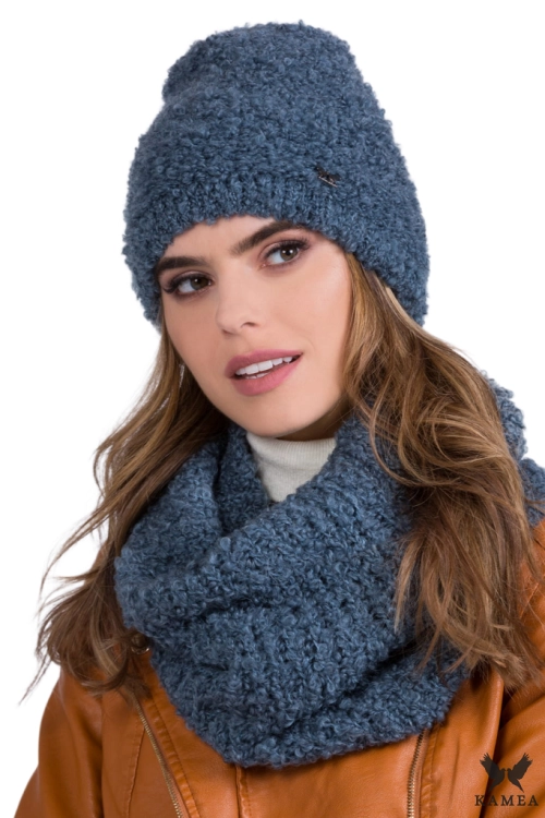 Nimfa-Komplet damski: czapka i komin Kamea zimowy, buklowy splot, z polarową podszewką, z moherem i wełną, tuba 33 × 44 cm, kolor jeansowy