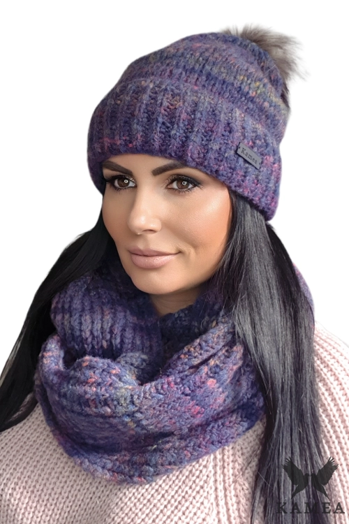 Gaja-Komplet damski: czapka i komin Kamea zimowy, z polarową podszewką, z wełną, ósemka 70 × 30 cm, kolor granatowy
