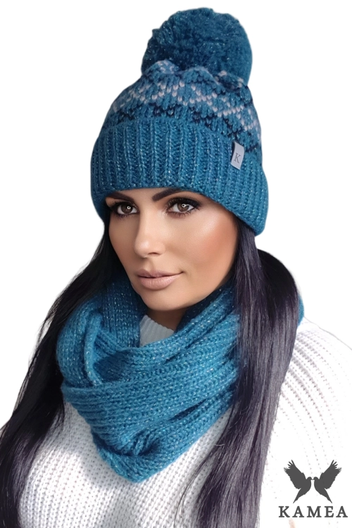 Margerita-Komplet damski: czapka i komin Kamea zimowy, z polarową podszewką,  ósemka 74 × 20 cm, kolor turkusowy