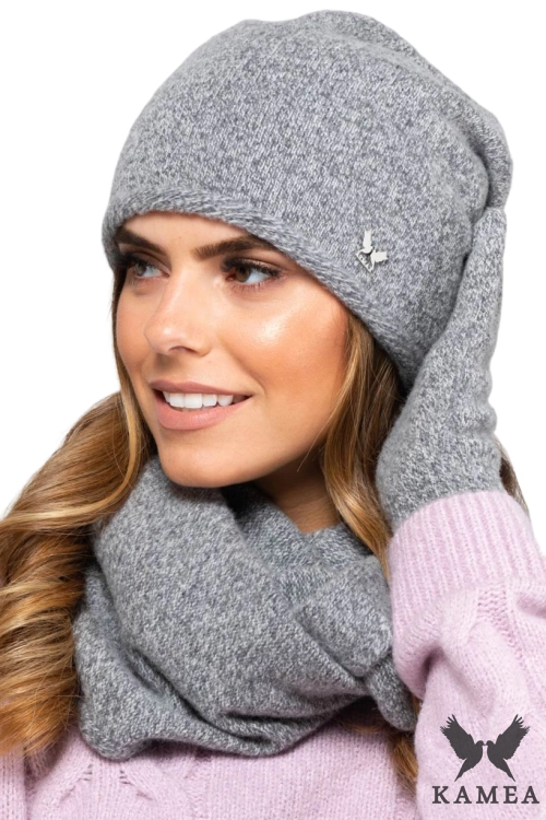 Anna-Komplet damski: czapka i komin Kamea zimowy, 80% wełny, ósemka 65 × 36 cm, kolor szary