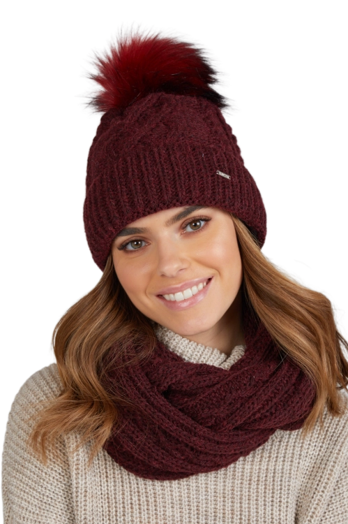 Torino czapka damska Kamea zimowa, z pomponem, z polarową podszewką, 50% wełny, rozmiar uniwersalny 54–60 cm, kolor bordowy