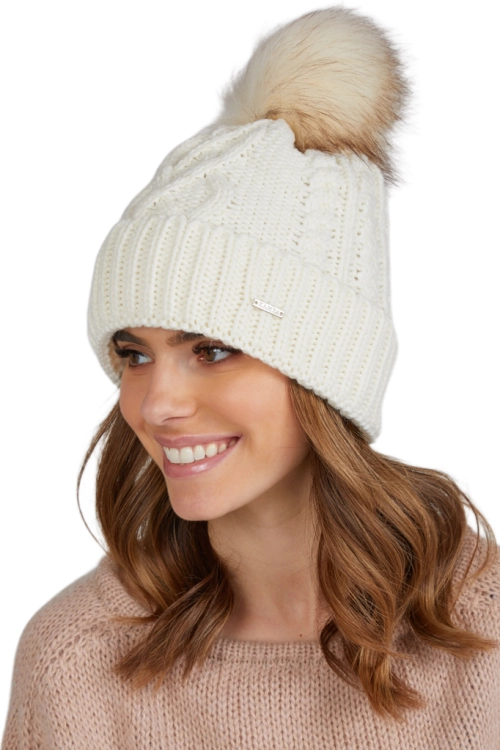 Torino czapka damska Kamea zimowa, z pomponem, z polarową podszewką, 50% wełny, rozmiar uniwersalny 54–60 cm, kolor ekru