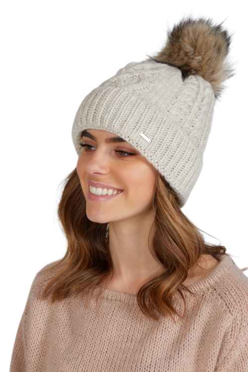 Torino czapka damska Kamea zimowa, z pomponem, z polarową podszewką, 50% wełny, rozmiar uniwersalny 54–60 cm, kolor beżowy