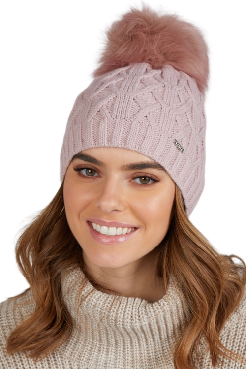 Florencja czapka damska Kamea zimowa, z pomponem, z polarową podszewką, 50% wełny, rozmiar uniwersalny 54–60 cm, kolor różowy