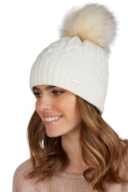 Capri czapka damska Kamea zimowa, z pomponem, 50% wełny, rozmiar uniwersalny 54–60 cm, kolor ekru