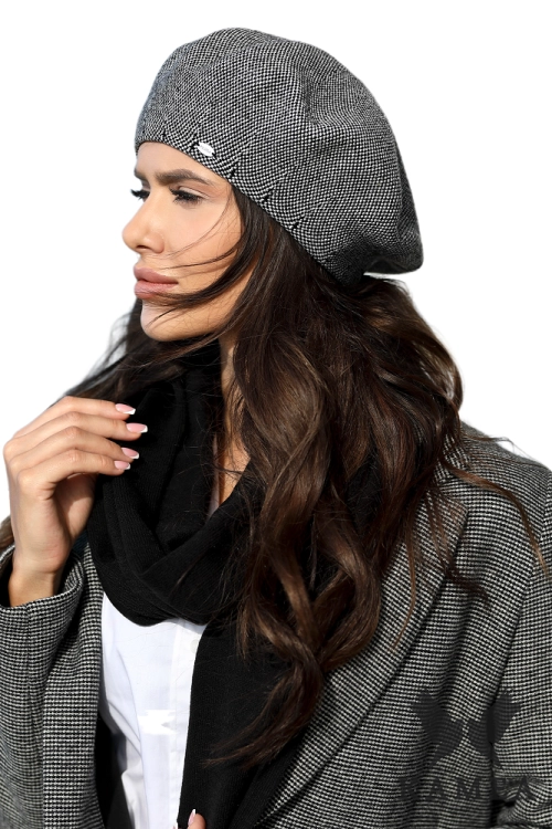 Arkadia beret damski Kamea zimowy, w pepitkę, z wełną i wiskozą, rozmiar uniwersalny 54–60 cm, kolor czarny