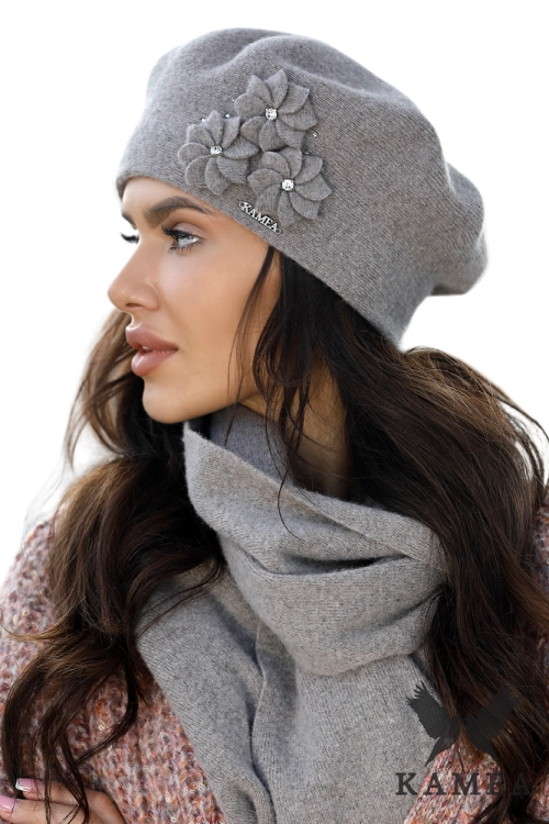 Salima beret damski Kamea zimowy, 80% wełny, rozmiar uniwersalny 54–60 cm, kolor ciemny beżowy
