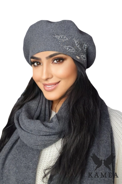 Heidi beret damski Kamea zimowy, 80% wełny, rozmiar uniwersalny 54–60 cm, kolor grafitowy