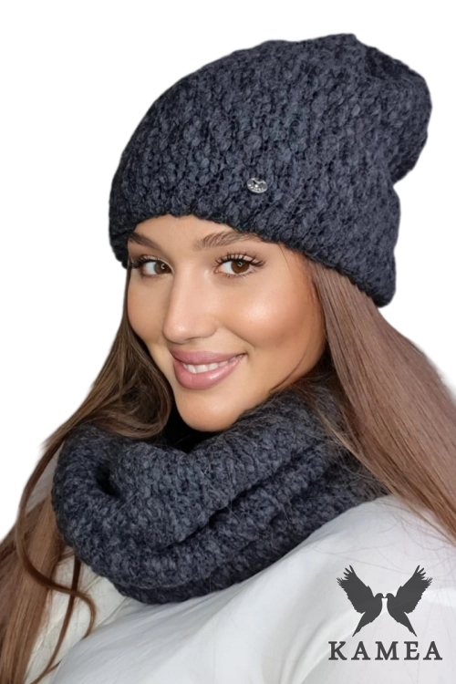 Lamia-Komplet damski: czapka i komin Kamea zimowy, 76% wełny, tuba 30 × 38 cm, kolor grafitowy