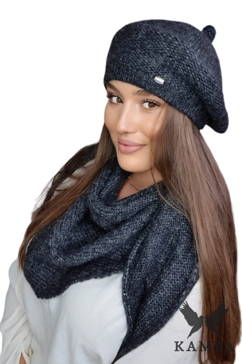 Ofelia beret damski Kamea zimowy, z polarową podszewką, z wełną merino, moherem i wiskozą, rozmiar uniwersalny 54–60 cm, kolor grafitowy