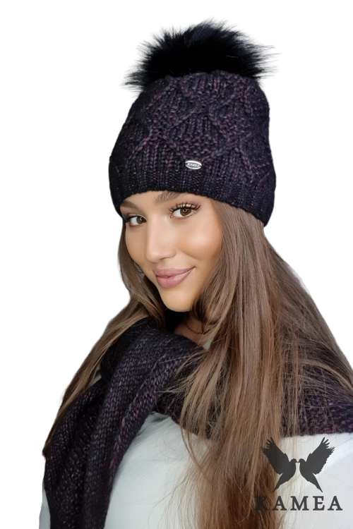 Frezja czapka damska Kamea zimowa, z polarową podszewką, z alpaką, wełną i bawełną, rozmiar uniwersalny 54–60 cm, kolor wielokolorowy czarny
