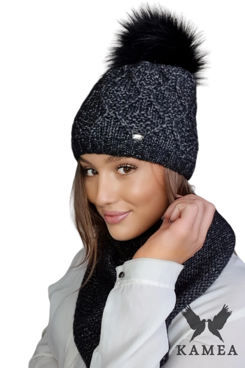 Frezja czapka damska Kamea zimowa, z polarową podszewką, z alpaką, wełną i bawełną, rozmiar uniwersalny 54–60 cm, kolor czarny