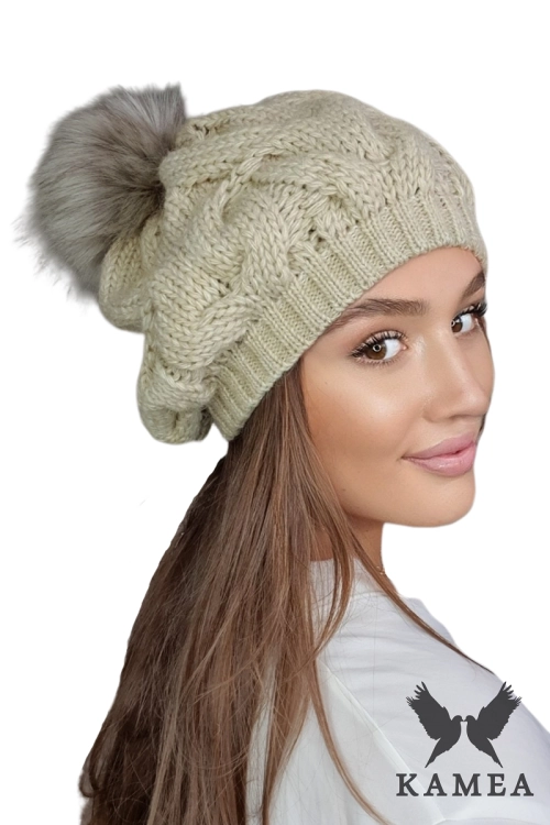 Zita czapka damska Kamea zimowa, z pomponem, z alpaką i wełną, rozmiar uniwersalny 54–60 cm, kolor miodowy
