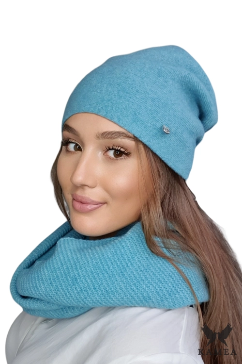 Lara-00 czapka damska Kamea zimowa, 80% wełny, rozmiar uniwersalny 54–60 cm, kolor turkusowy