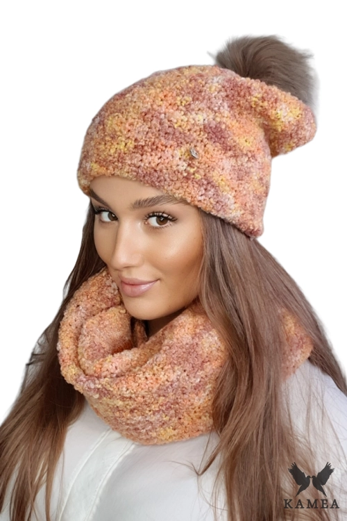 Fazila czapka damska Kamea zimowa, 50% alpaki, rozmiar uniwersalny 54–60 cm, kolor melanż pomarańczowy
