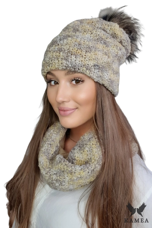 Fazila-Komplet damski: czapka i komin Kamea zimowy, 50% alpaki, tuba 33 × 37 cm, kolor melanż brązowy