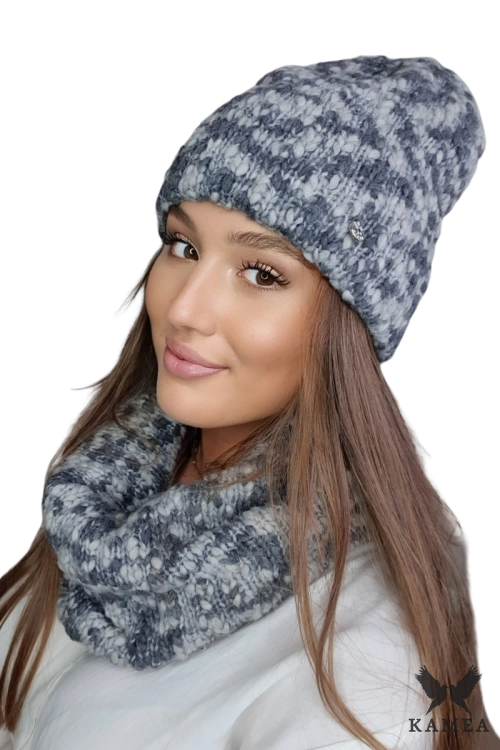 Lamia-Komplet damski: czapka i komin Kamea zimowy, 76% wełny, tuba 30 × 38 cm, kolor szary