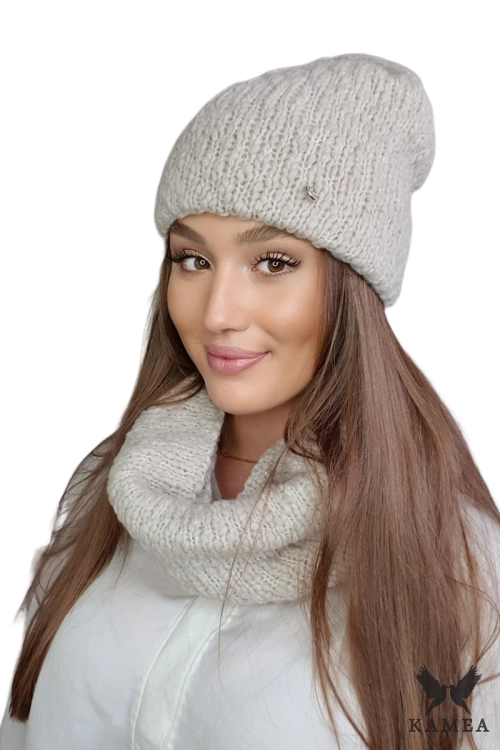 Lamia-Komplet damski: czapka i komin Kamea zimowy, 76% wełny, tuba 30 × 38 cm, kolor camel