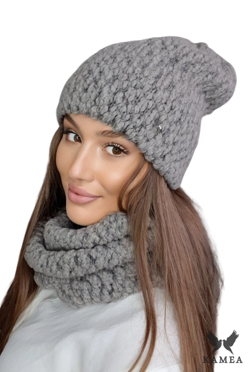 Lamia-Komplet damski: czapka i komin Kamea zimowy, 76% wełny, tuba 30 × 38 cm, kolor brązowy