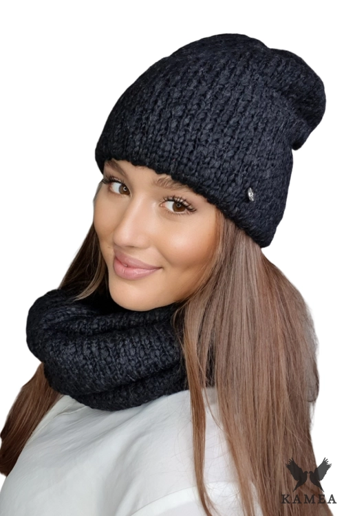 Lamia-Komplet damski: czapka i komin Kamea zimowy, 76% wełny, tuba 30 × 38 cm, kolor czarny melanż