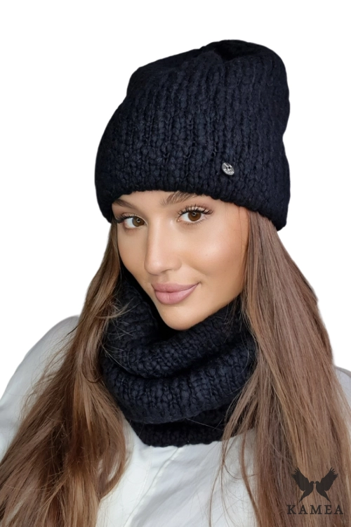 Lamia-Komplet damski: czapka i komin Kamea zimowy, 76% wełny, tuba 30 × 38 cm, kolor czarny