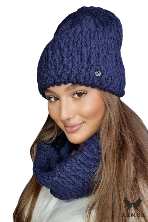 Lamia-Komplet damski: czapka i komin Kamea zimowy, 76% wełny, tuba 30 × 38 cm, kolor granatowy