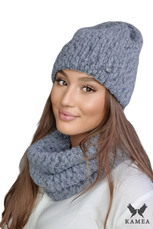 Lamia-Komplet damski: czapka i komin Kamea zimowy, 76% wełny, tuba 30 × 38 cm, kolor szary melanż
