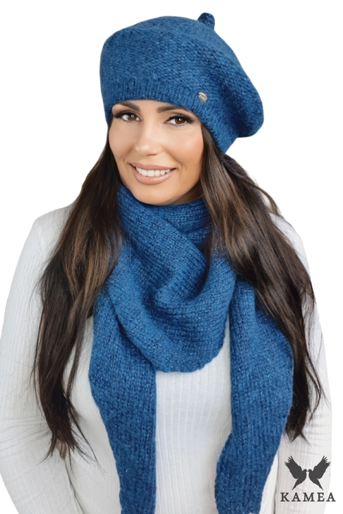 Ofelia beret damski Kamea zimowy, z polarową podszewką, z wełną merino, moherem i wiskozą, rozmiar uniwersalny 54–60 cm, kolor granatowy