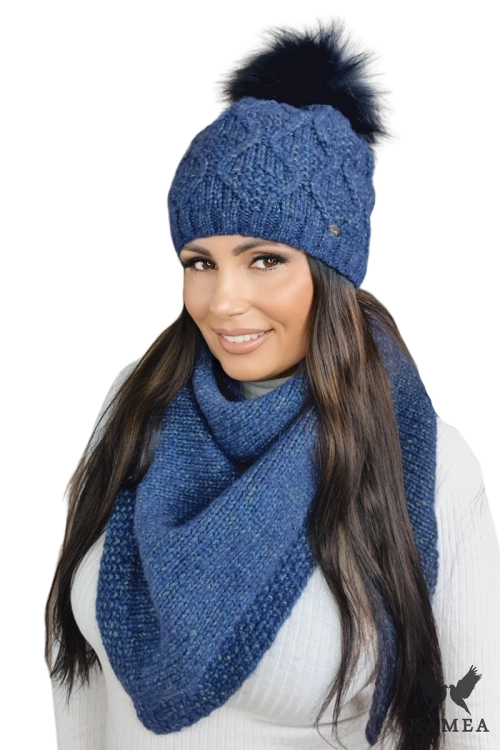 Frezja czapka damska Kamea zimowa, z polarową podszewką, z alpaką, wełną i bawełną, rozmiar uniwersalny 54–60 cm, kolor niebieski