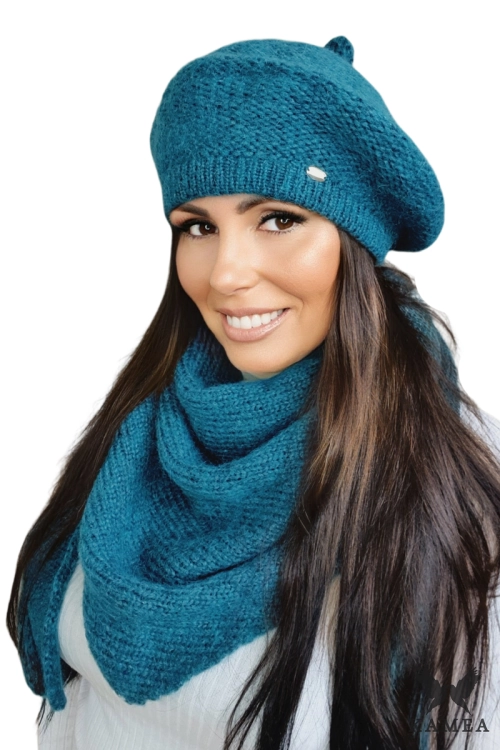 Ofelia beret damski Kamea zimowy, z polarową podszewką, z wełną merino, moherem i wiskozą, rozmiar uniwersalny 54–60 cm, kolor turkusowy