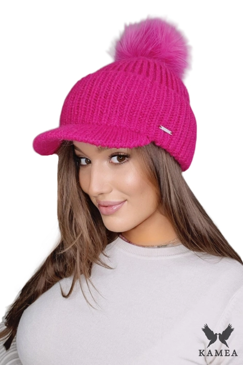 Amarylis czapka damska Kamea zimowa, z daszkiem, z alpaką i wełną, rozmiar uniwersalny 54–60 cm, kolor malinowy