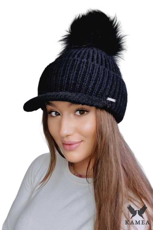 Amarylis czapka damska Kamea zimowa, z daszkiem, z alpaką i wełną, rozmiar uniwersalny 54–60 cm, kolor czarny