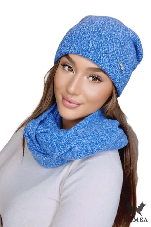 Pene Komplet damski: czapka i komin Kamea zimowy, 80% wełny, ósemka 70 × 40 cm, kolor niebieski