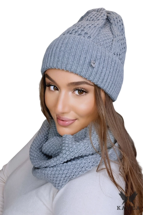 Safona-Komplet damski: czapka i komin Kamea zimowy, z wełną, ósemka 70 × 30 cm, kolor szary