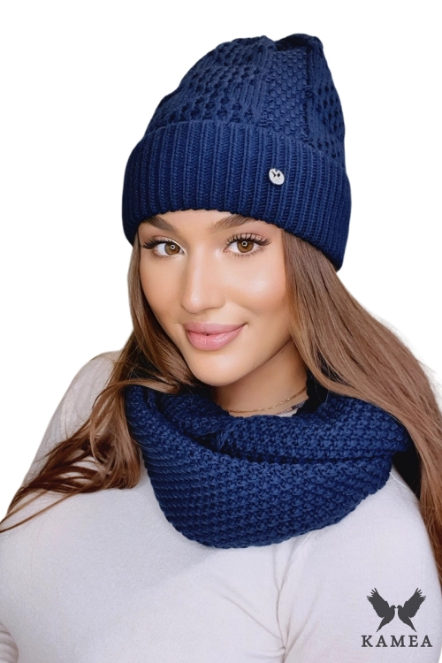 Safona-Komplet damski: czapka i komin Kamea zimowy, z wełną, ósemka 70 × 30 cm, kolor granatowy