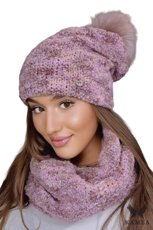 Fazila-Komplet damski: czapka i komin Kamea zimowy, 50% alpaki, tuba 33 × 37 cm, kolor melanż różowy